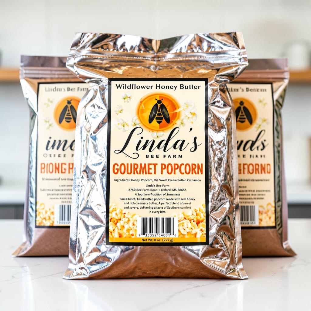 Three silver foil bags of Linda's Bee Farm Gourmet Popcorn with Wildflower Honey Butter, with the center bag in sharp focus and the two behind it slightly blurred, on a light marble countertop.