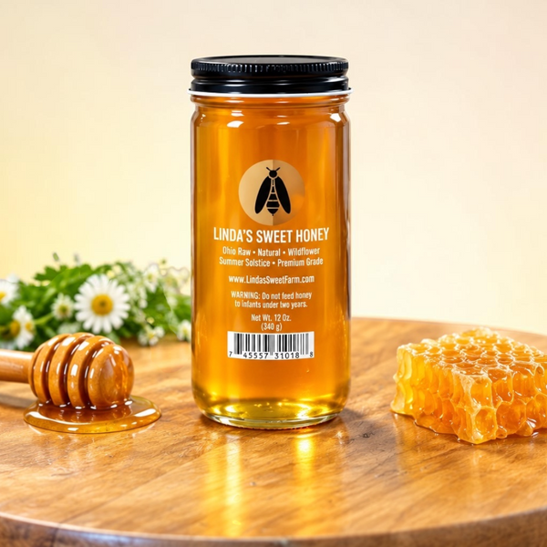 A glass jar of Linda's Sweet Honey with a black lid stands on a wooden surface, surrounded by a honey dipper with dripping honey, a piece of honeycomb, and white daisies against a soft beige background.