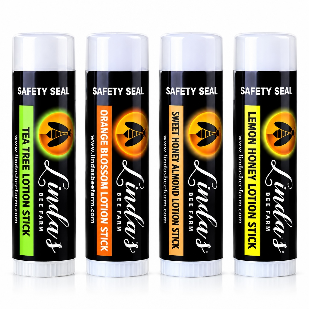Four Linda's Bee Farm honey lotion sticks lined up on a white background. The tubes are black with white caps and feature different flavor labels: Tea Tree, Orange Blossom, Sweet Honey Almond, and Lemon Honey.