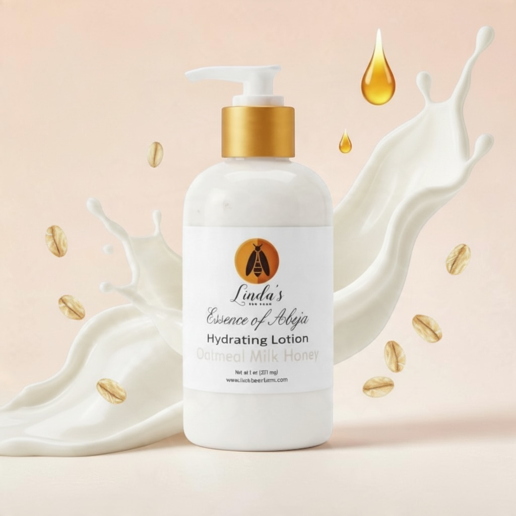 A white pump bottle of Linda's Naturals Essence of Abija Hydrating Lotion with a gold collar, set against a soft peach background with decorative white milk splashes, floating honey drops, and scattered honey beans.